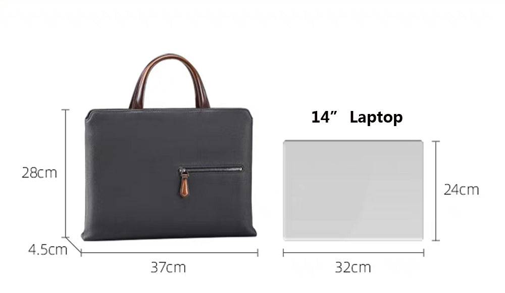 Black 14-inch imported grainy leather laptop briefcase bag by Rossie Viren with classic handbag design and sturdy handle.