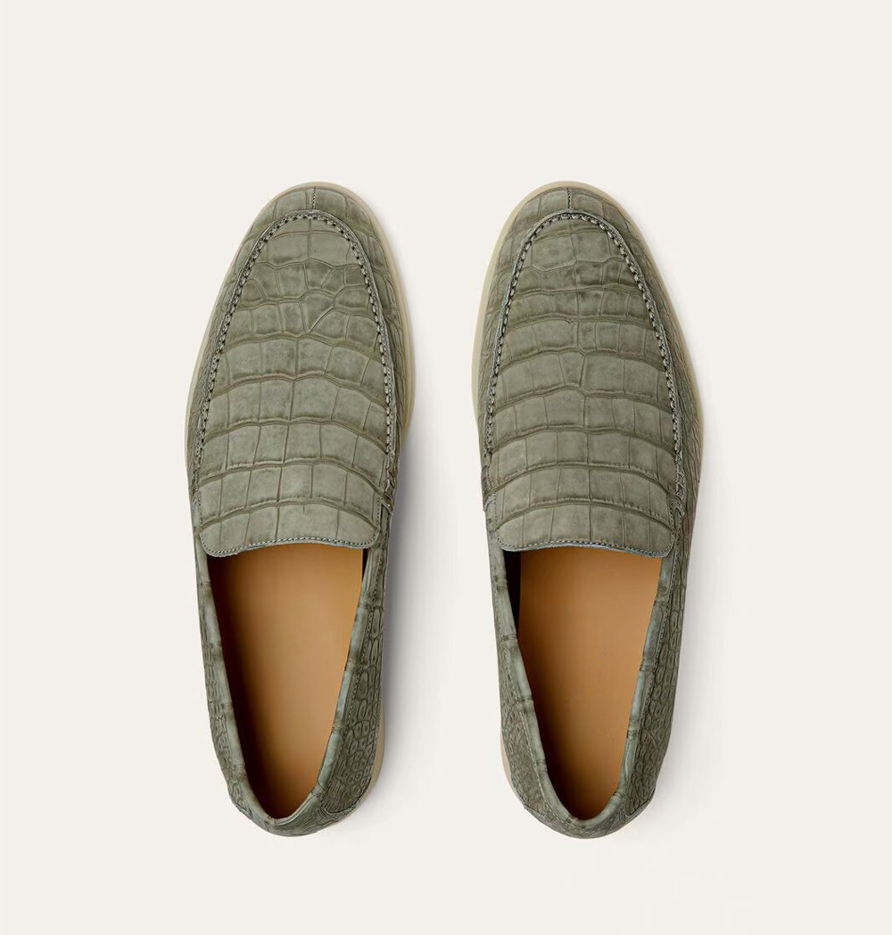 Rossie Viren men's khaki crocodile leather loafers, slip-on dress shoes with a comfortable fit, made from premium nubuck crocodile material.