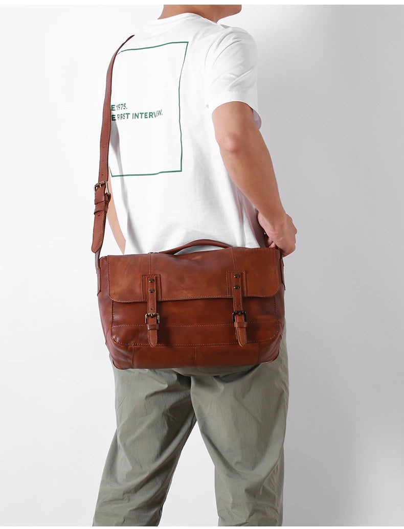 Mens Vegetable Tanning Leather Messenger Bag, Men's Laptop Bag, Crossbody Bag , Business Briefcase Shoulder Bag for Office/Work/Travel