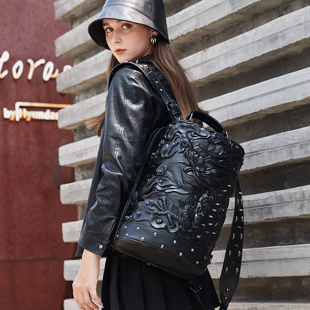 Rossie Viren 3D Dragon messenger backpack with double hovering dragon design and cylinder shape, stylish and eye-catching.