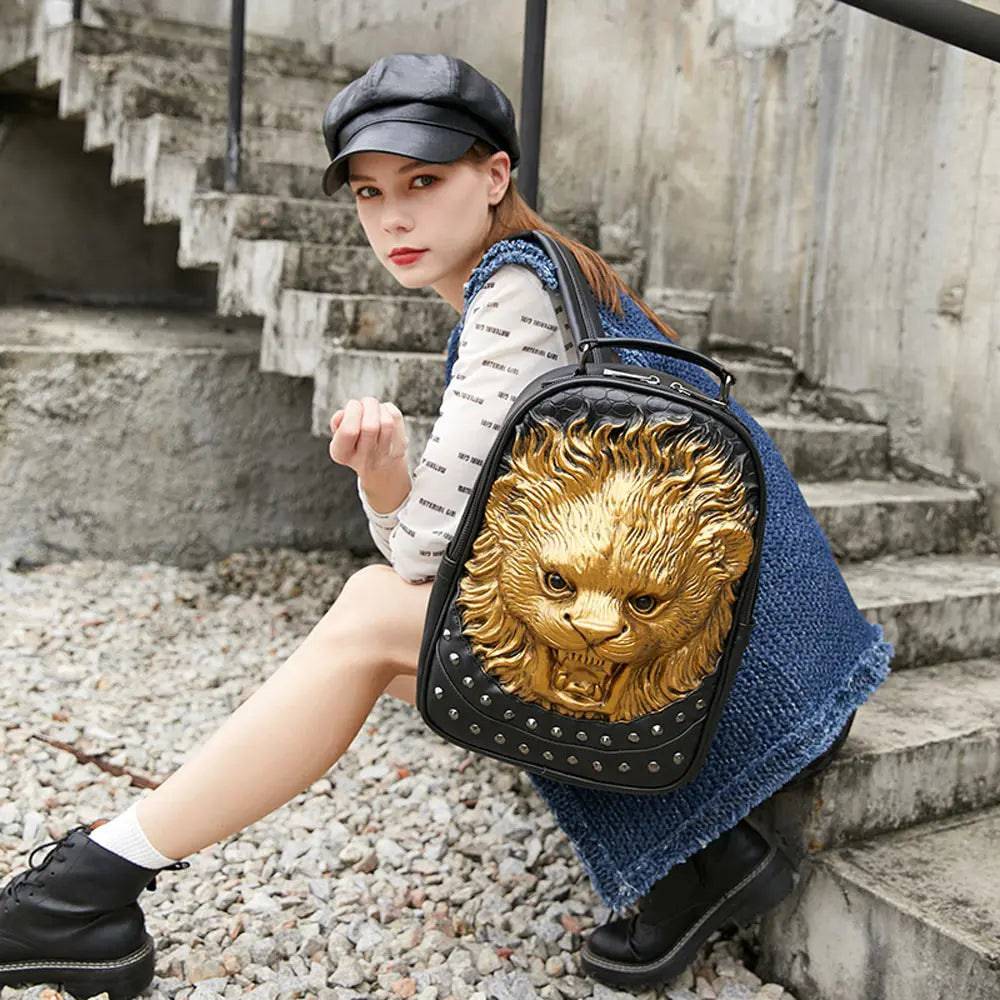 Unisex 3D lion backpack by Rossie Viren featuring a small, happy lion design, perfect for casual and leisure use.