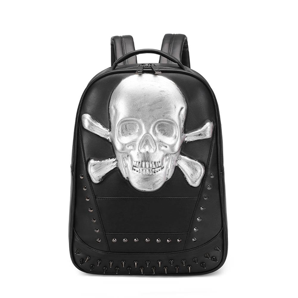 Rossie Viren 3D Skull Backpack featuring a pirate skull with a smiling face and crossbones design.