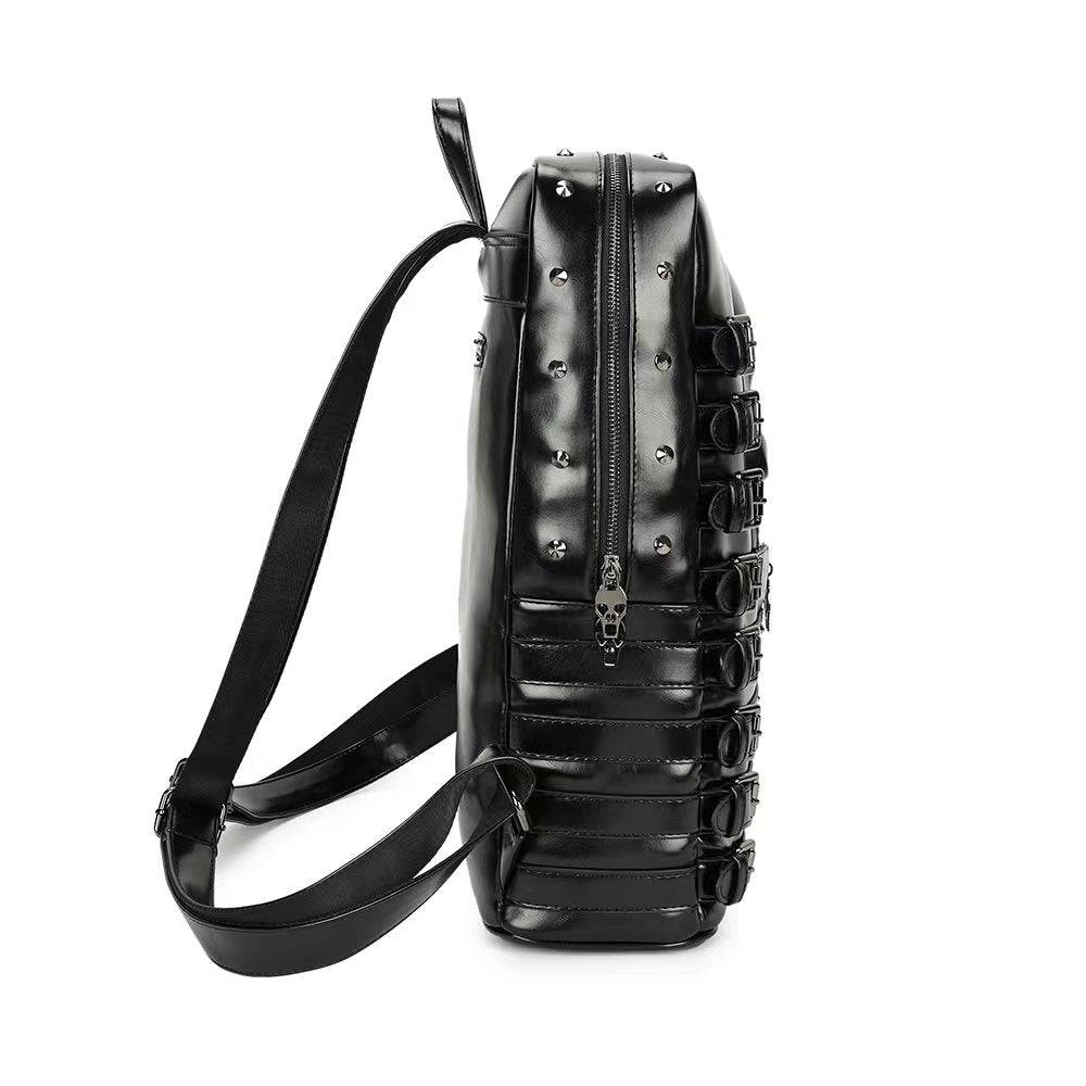 Rossie Viren 3D skull backpack with rivet studs, punk style PU leather travel and laptop bag, featuring a bold skull design.