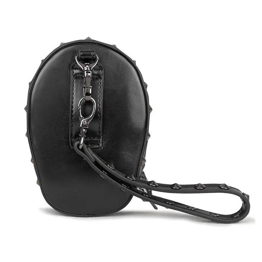 Black 3D Skull Handle Wrist Bag by Rossie Viren, a stylish messenger bag with a unique skull handle design.