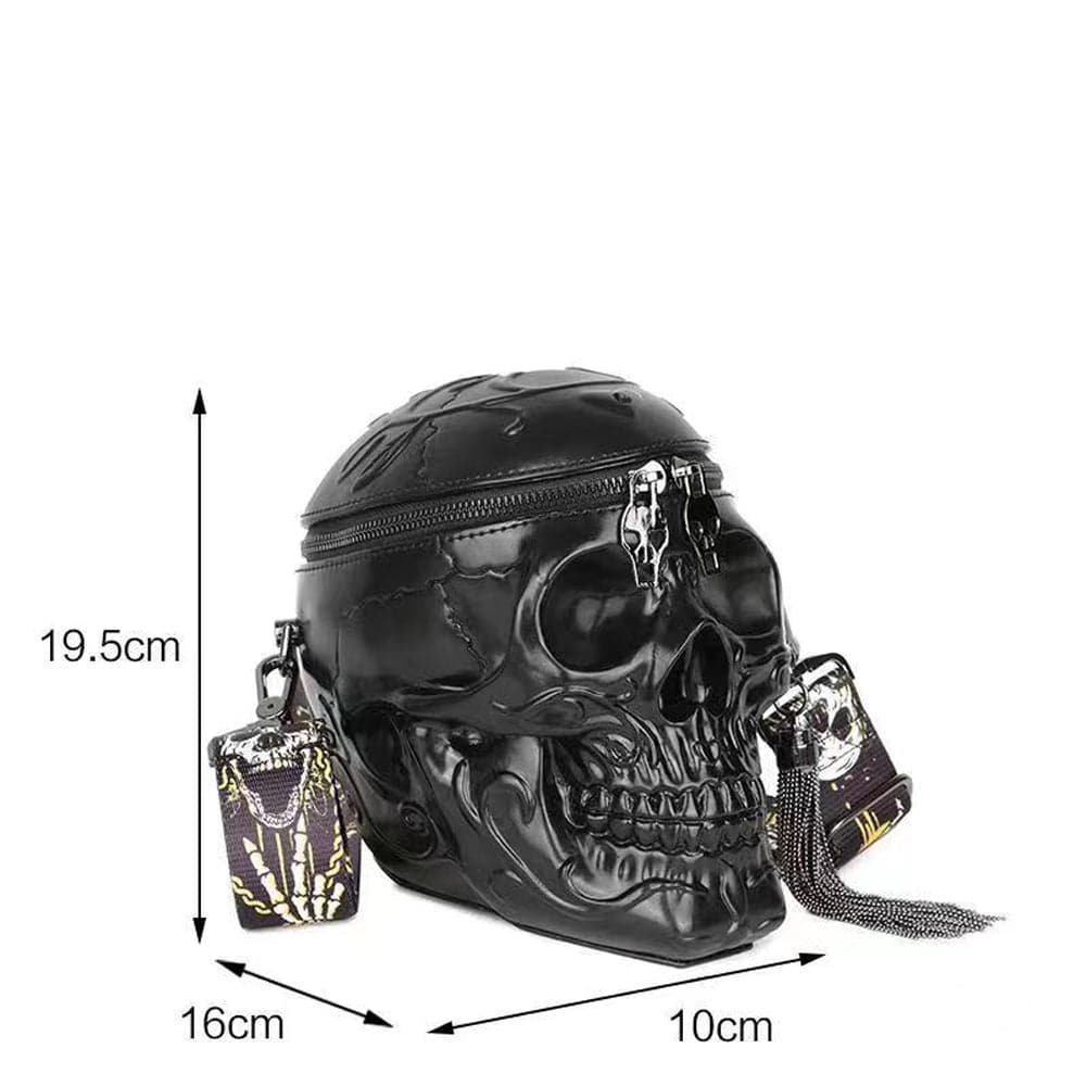 Black 3D skull messenger shoulder bag by Rossie Viren, featuring a compact design with detailed skull embellishments.