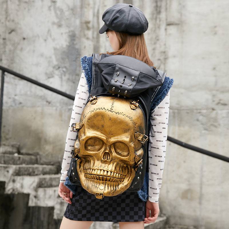 Rossie Viren 3D skull leather backpack with rivets, hoodie cap, and adjustable straps, featuring a bold skull design.