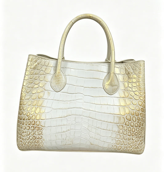 White Genuine Crocodile Skin Leather Brushed Gold Top Handle Bag For Women