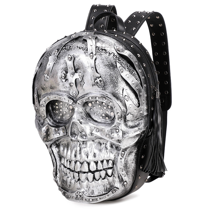 Rossie Viren 3D PU leather skull studded backpack with adjustable straps and multiple compartments, featuring a bold 3D skull design.