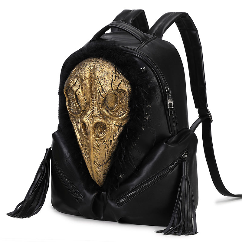Rossie Viren 3D PU leather backpack featuring a beak skull with feather design, ideal for carrying laptops and accessories.