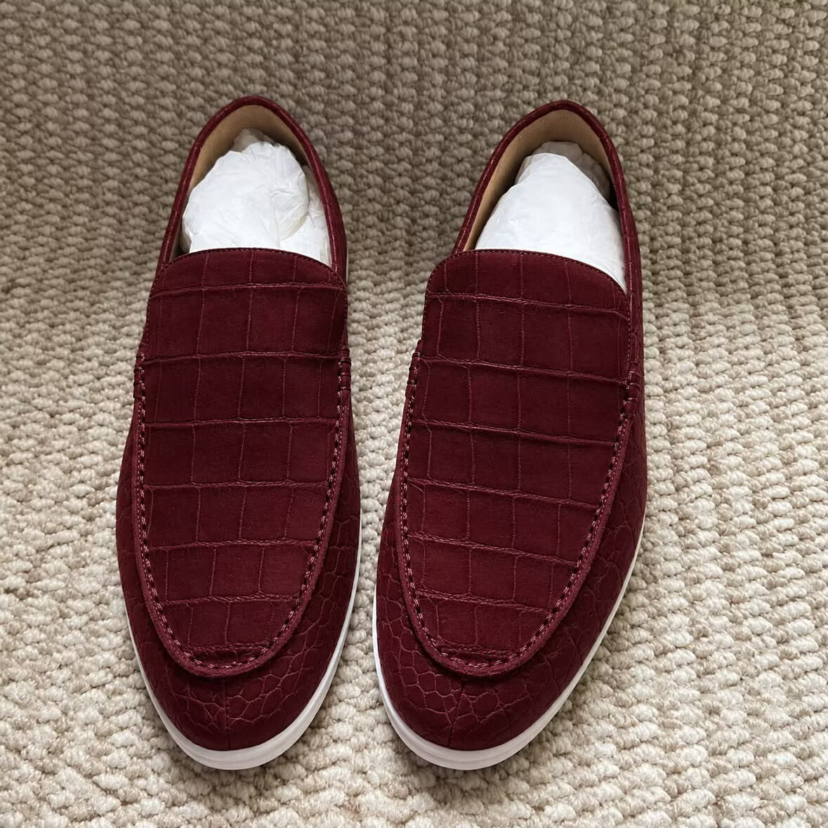 Preorder Nubuck Crocodile Shoes Men's Crocodile Leather Loafers Slip-On Dress Shoes Very Comfortable Wine Red
