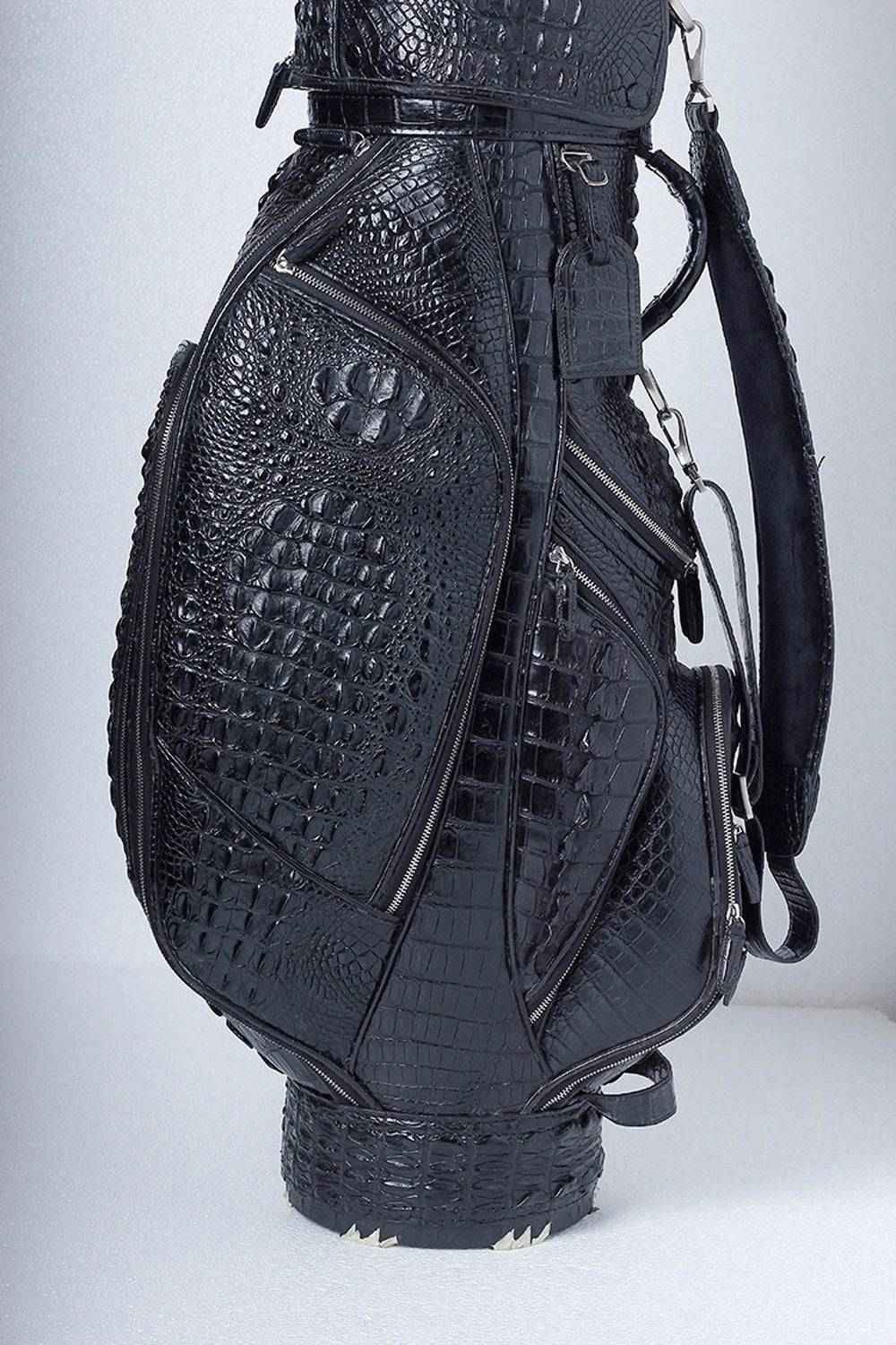 Crocodile leather golf bag from Rossie Viren with multiple compartments, designed for golf sets, cart, and stand use.