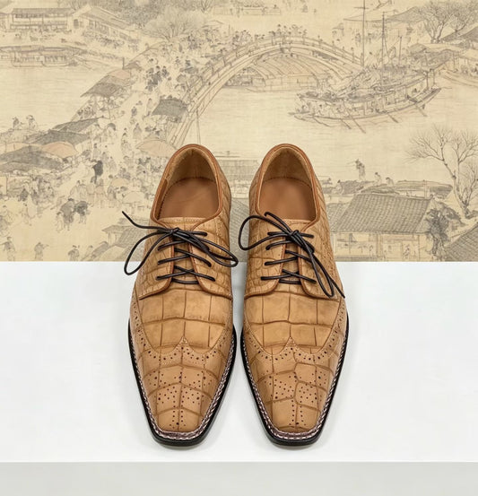Crocodile Shoes, Men's Nubuck Crocodile Leather Business Lace Up Shoes