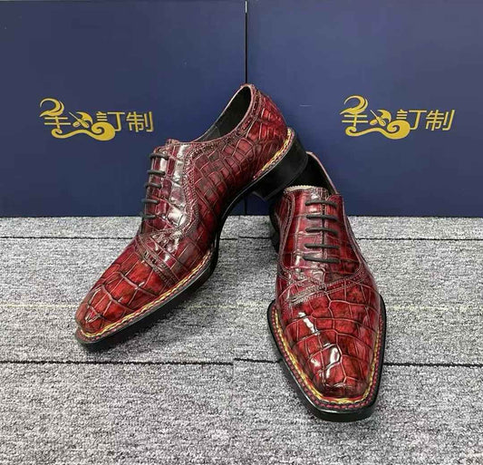 Crocodile Shoes, Men's Vintage Wine Red Norwegian Lace-Up Business Shoes