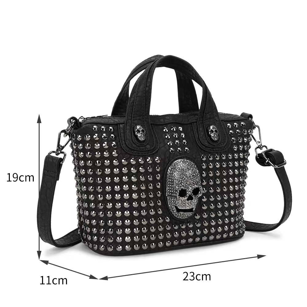 Rossie Viren 3D crystal skull shoulder bag with studded tote design, featuring a detailed crystal skull embellishment and studded accents.