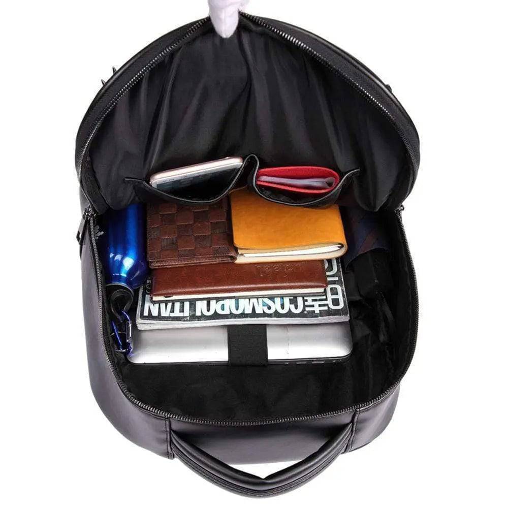 Rossie Viren punk hoodie backpack with 3D skull and ghost design, rivets, and spacious computer rucksack for travel and daily use.