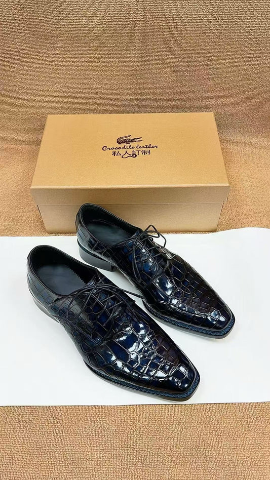 Crocodile Shoes, Men's Norwegian Sewn Lace Up Dress Shoes Vintage Blue