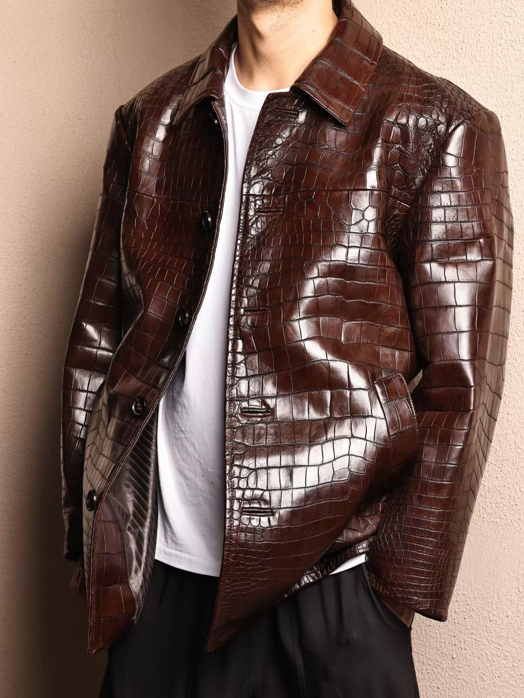 Men's mid-length Crocodile Skin Leather jacket with Mandarin collar, formal design by Rossie Viren, featuring a stylish tunic style.
