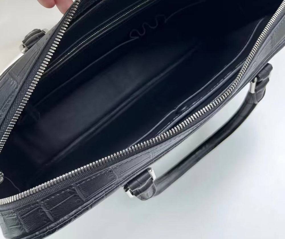Genuine crocodile skin leather briefcase by Rossie Viren, stylish handbag with textured crocodile pattern and sturdy handle.