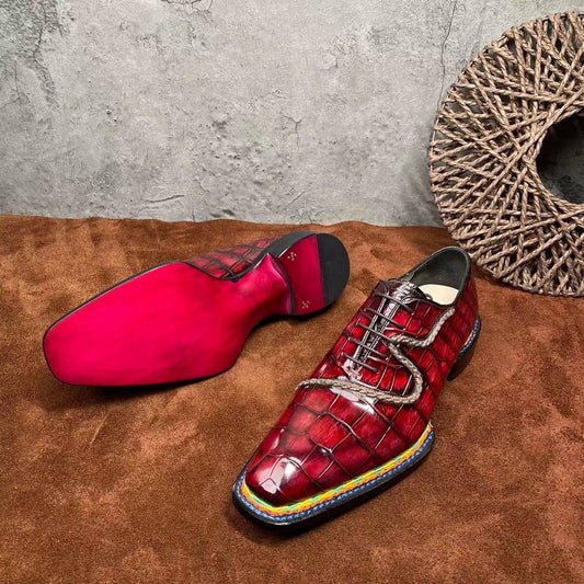 Crocodile Shoes Men's Crocodile Leather Norwegian Stitching Lace Up Dress Shoes Vintage Wine Red