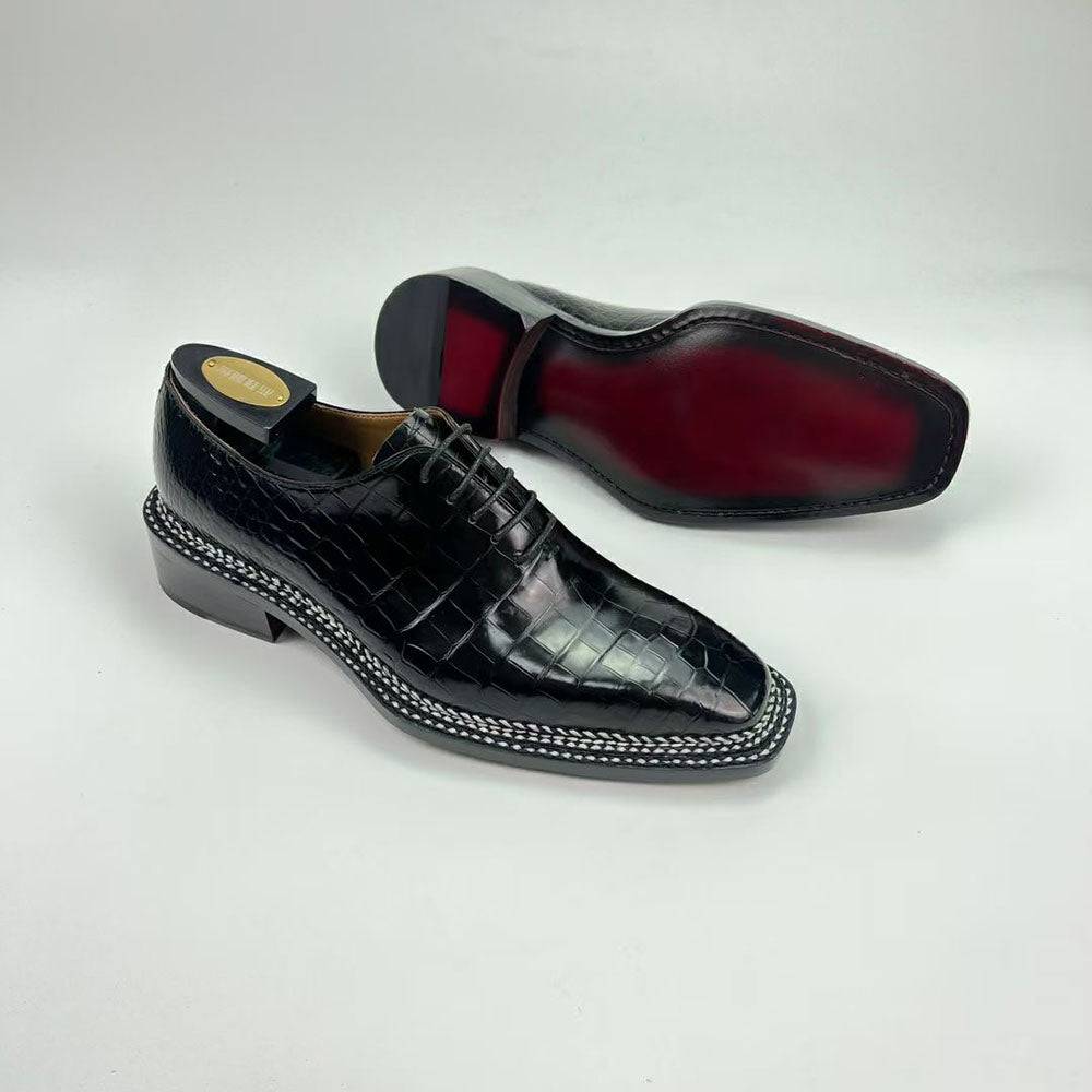 Crocodile Shoes Men's Crocodile Leather Norwegian Sewn Seam 4 Lines Sole Lace Up Dress Shoes Black