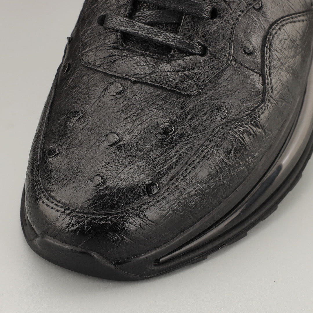 Rossie Viren men's ostrich leather lace-up sneakers, stylish black shoes with detailed leather texture and classic design.