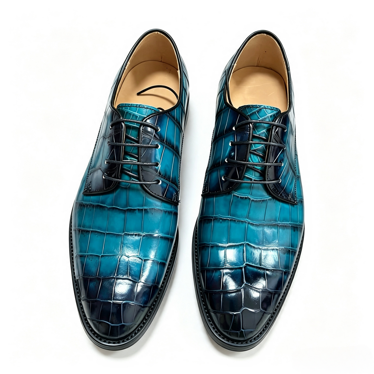 Crocodile Shoes, Men's Vintage Blue Crocodile Leather Lace Up Business Shoes