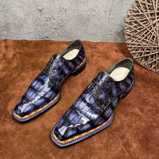Crocodile Shoes Men's Crocodile Leather Norwegian Stitching Lace Up Dress Shoes Vintage Grey