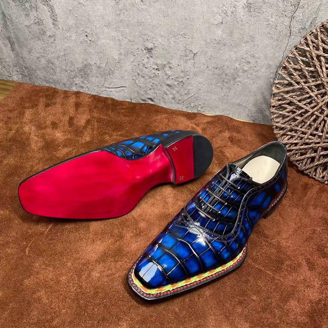 Rossie Viren men's crocodile leather dress shoes with vintage blue color and Norwegian stitching, lace-up style, front view.