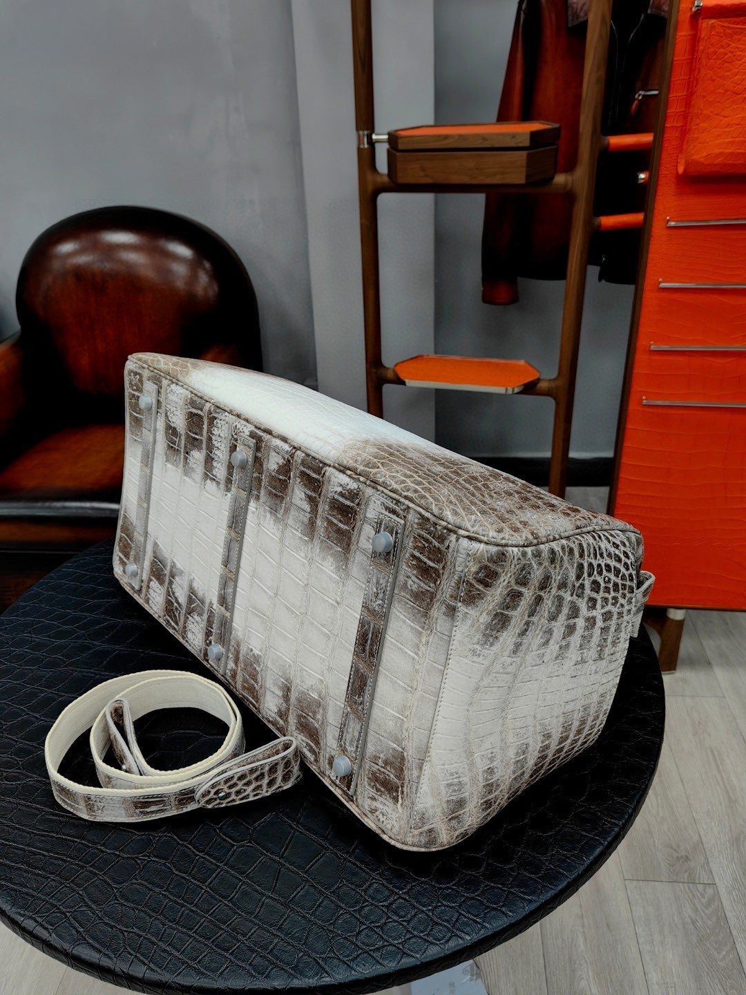 Unisex Himalayan genuine crocodile leather travel duffel bag by Rossie Viren, oversized sports gym bag with handles and zipper closure.