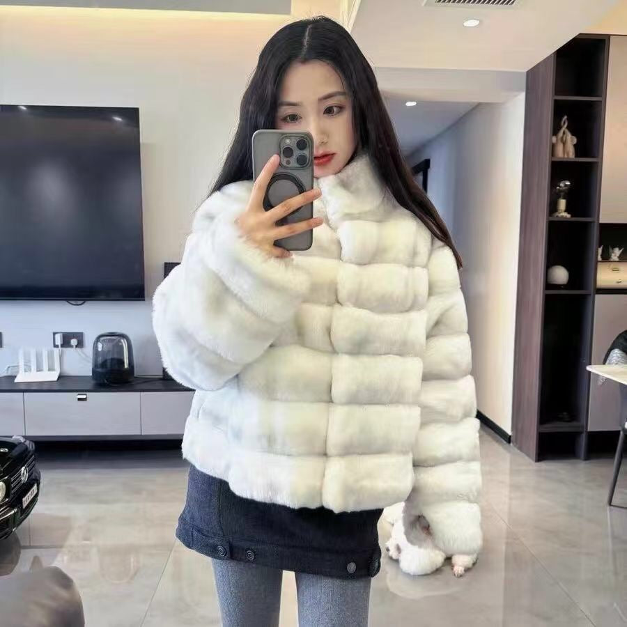 Women's Brown Chinchilla Dyed Rex Rabbit Fur Jacket