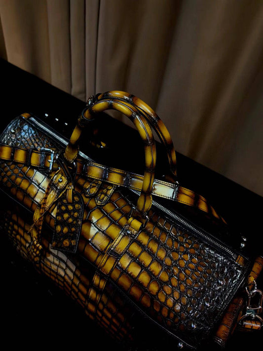 Men's Vintage Brown Crocodile Leather Large Studded Travel Duffle Bags