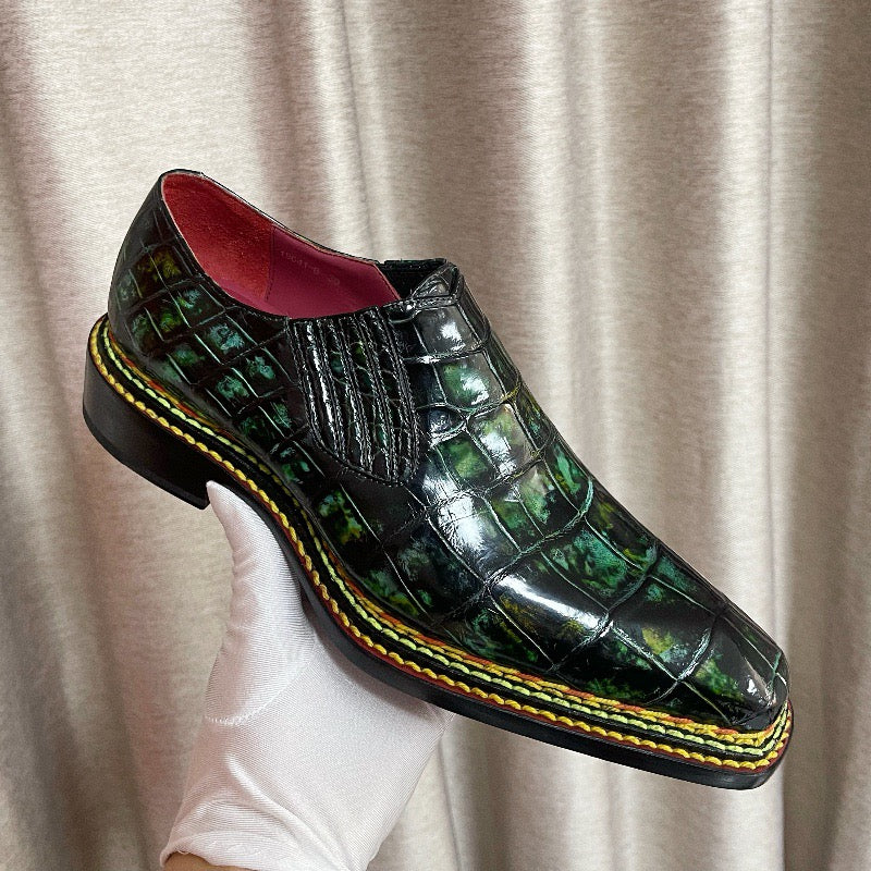 Crocodile Shoes, Men's Vintage Green Norwegian Slip-On Loafer Shoes