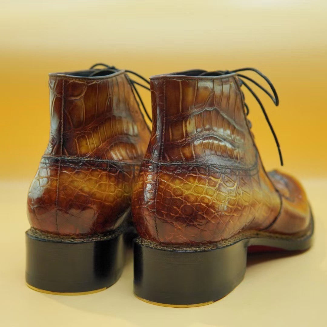 Crocodile Shoes, Men's Norwegian Vintage Tan Lace Up Boots