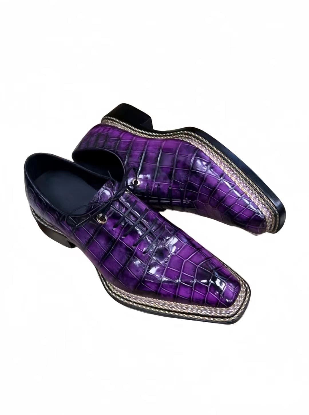 Vintage fuchsia crocodile leather dress shoes by Rossie Viren with Norwegian nine-line sewn goodyear fiddleback sole and lace-up design.