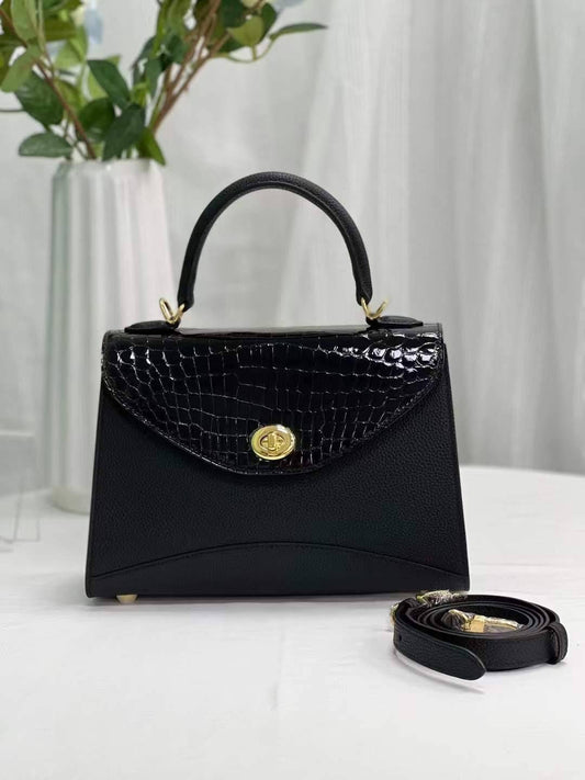 Womens Top Handle Bag Togo Leather / Shiny Black Crocodile Skin Leather Gold Hardware