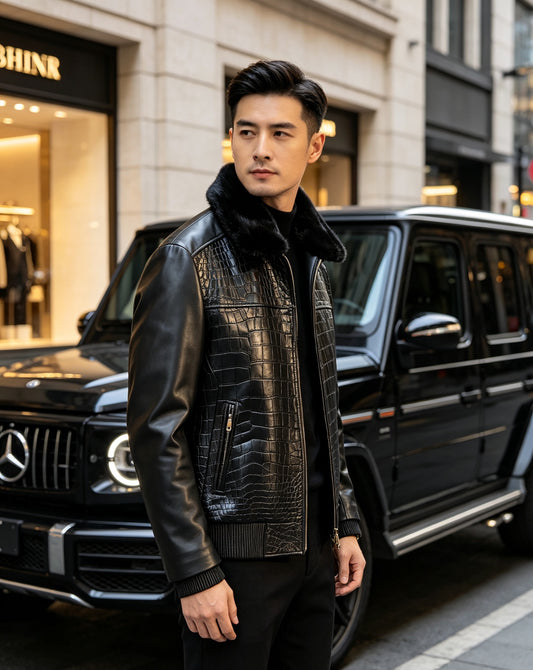 Crocodile & Lambskin Leather Jacket Black
