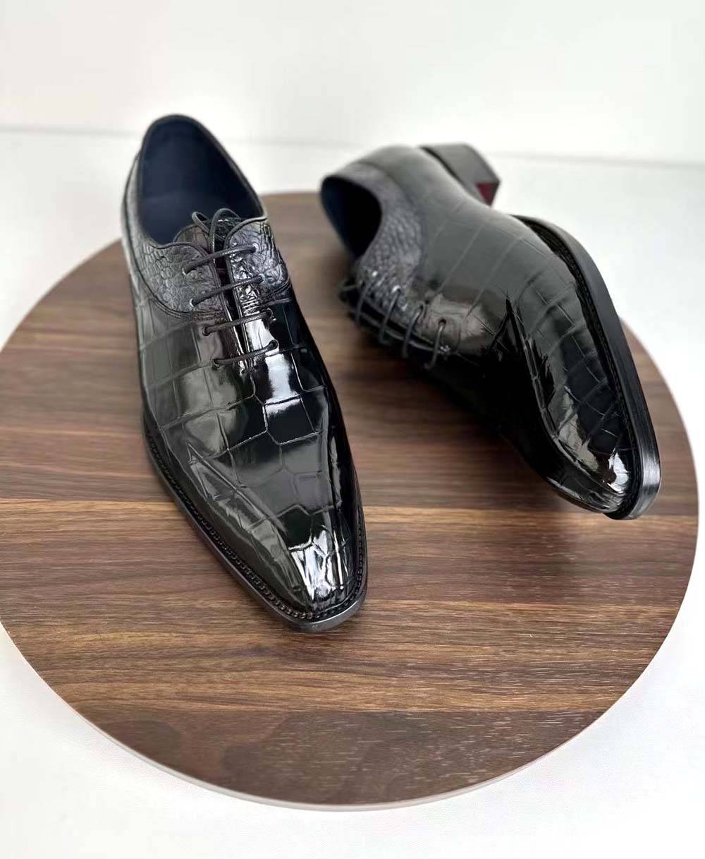 Rossie Viren crocodile men's vintage wine red dress shoes with lace-up design, perfect for business or formal occasions.
