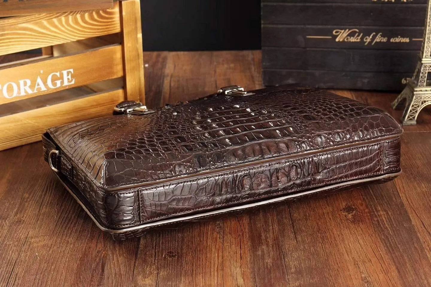 Men's crocodile leather briefcase by Rossie Viren, business bag with handles, suitable for laptops and computers, stylish and professional.