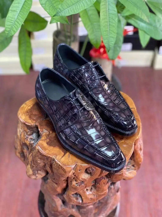 Crocodile Shoes Mens Vintage Smokey Purple Crocodile Leather Business Lace Up Dress Shoes