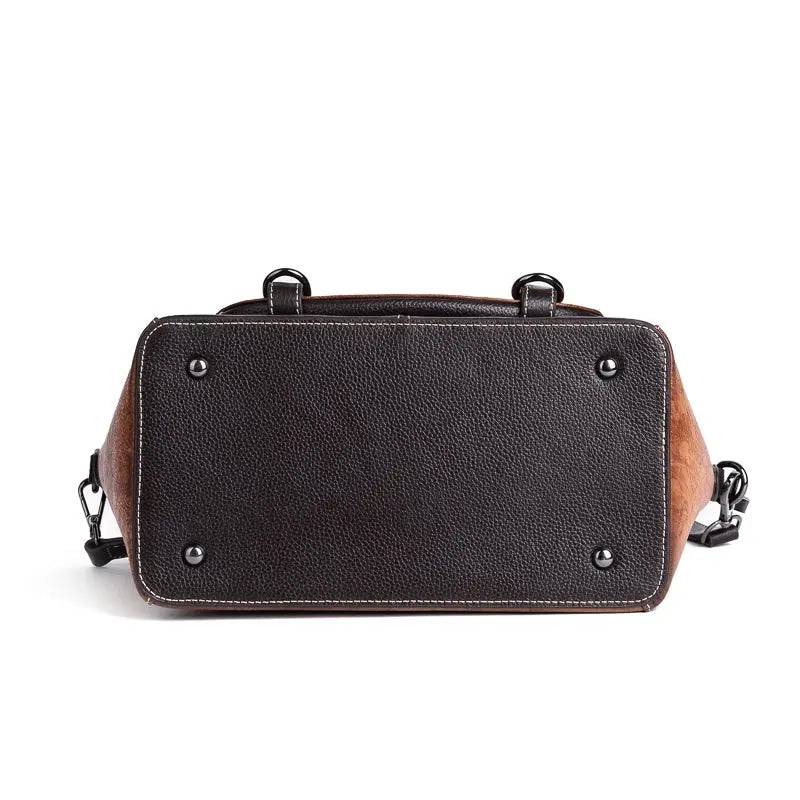 Rossie Viren women's genuine leather handbag with shoulder strap, top handle, and spacious work tote design.