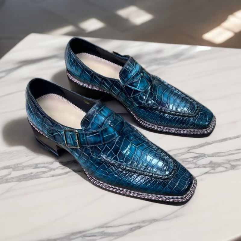 Vintage crocodile leather dress shoes by Rossie Viren featuring Norwegian sewn side buckle design and elegant crocodile texture.