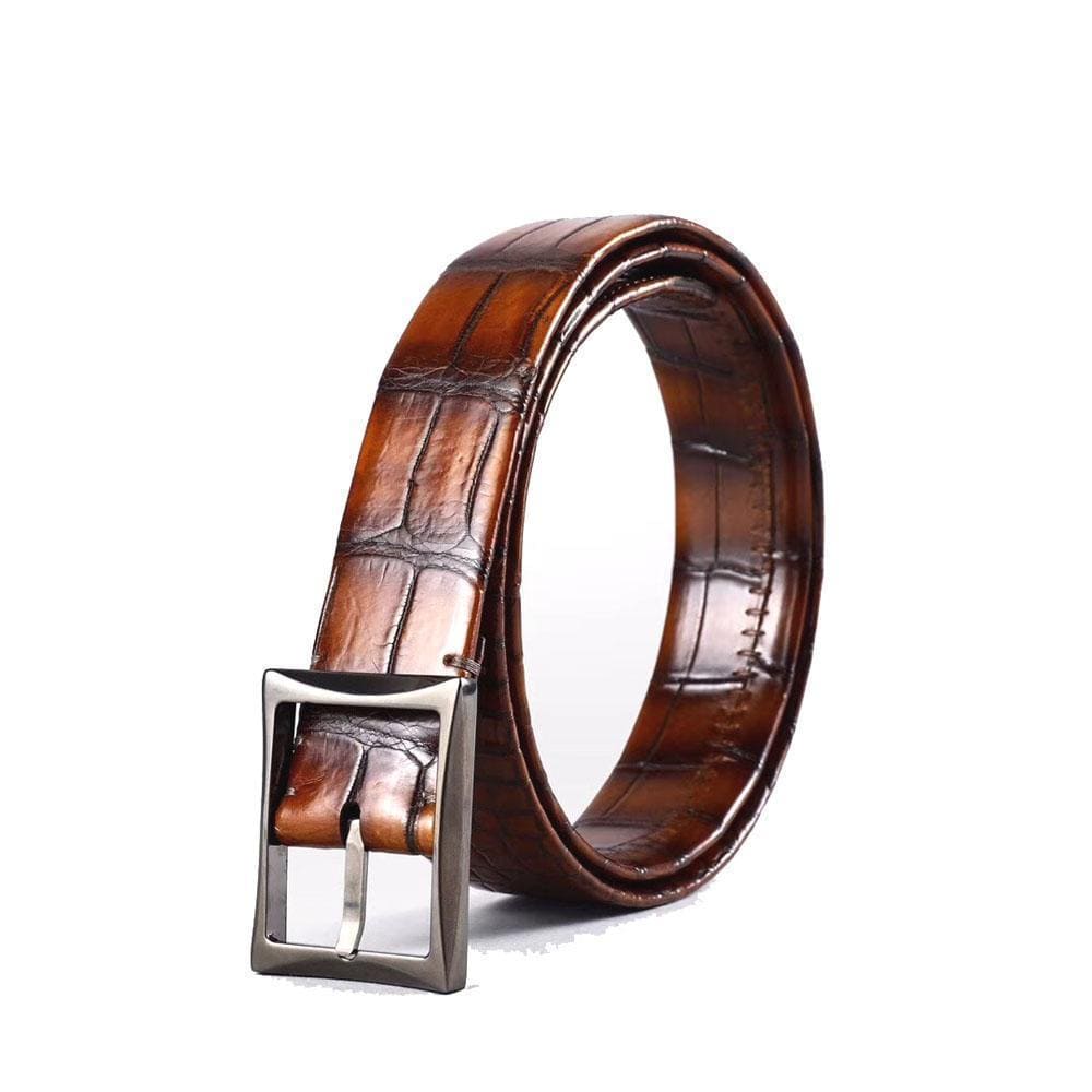 Men's vintage genuine crocodile leather belt with double-sided design and stainless steel buckle by Rossie Viren.