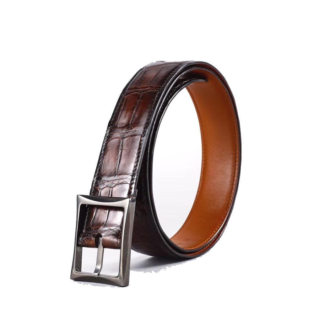Men's vintage genuine crocodile leather belt with stainless steel buckle by Rossie Viren, single side design, high-quality craftsmanship.