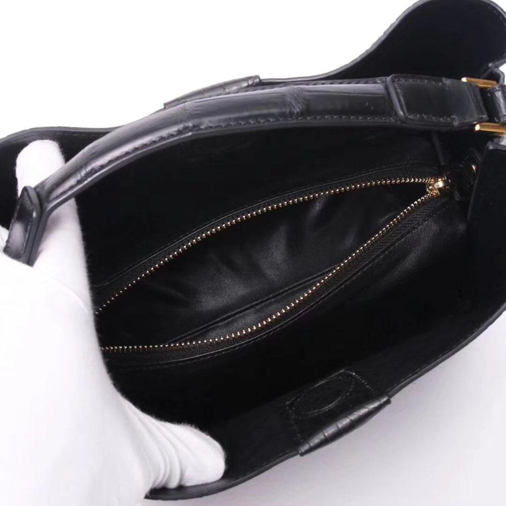 Black crocodile leather medium hobo bag and purse for women by Rossie Viren, featuring a stylish and textured design.