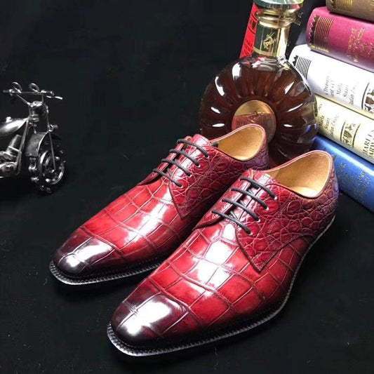 Crocodile Shoes Burnished Burgundy Crocodile Belly Leather Lace-Up Shoes For Men