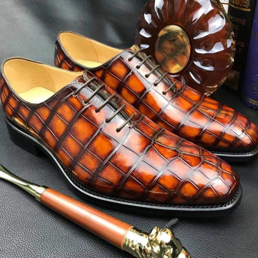 Crocodile Shoes Burnished Tan Derby Crocodile Belly Leather Lace-Up Shoes For Men
