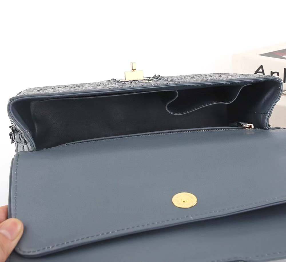 Dark grey crocodile leather flap chain shoulder handbag by Rossie Viren, featuring a stylish and sophisticated design.