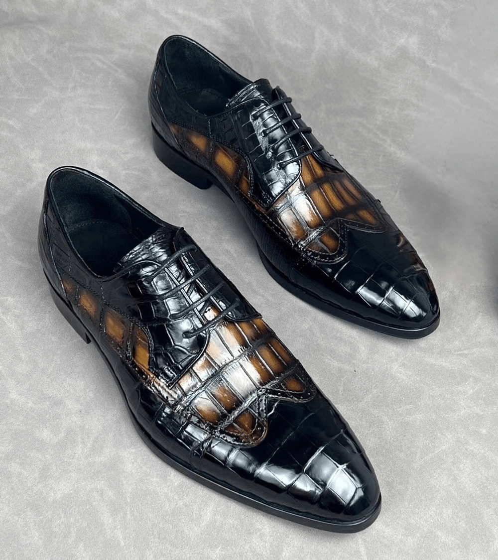 Rossie Viren crocodile leather two-tone brogue formal lace-up shoes, stylish dress shoes with detailed stitching and polished finish.