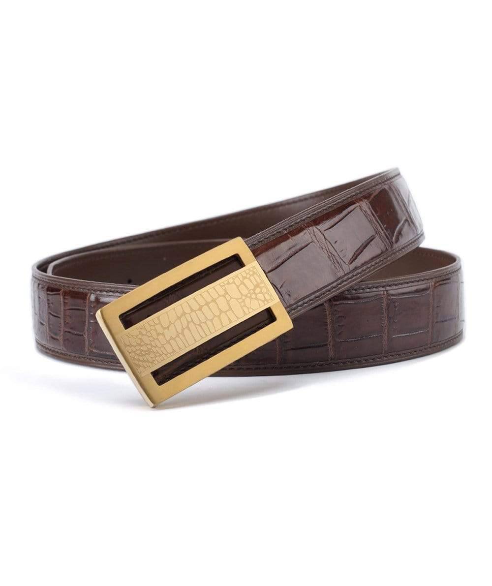 Rossie Viren crocodile skin belly leather belt with textured crocodile pattern and sleek design.