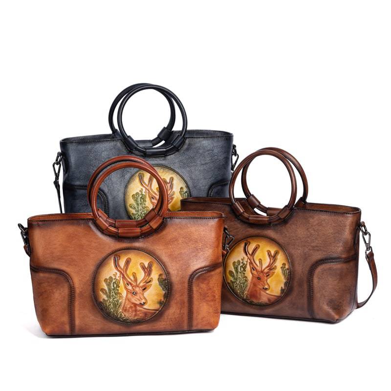 Rossie Viren women's vintage leather shoulder tote bag with large capacity, round handle, stylish and functional handbag.